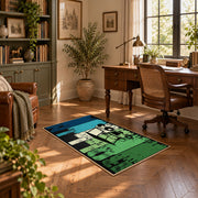 green and black retro athlete graphic area rug, complete product view