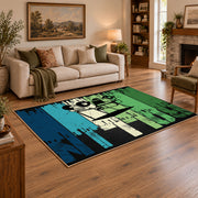 green and black retro athlete graphic area rug, angled room view