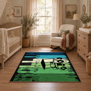 green and black retro athlete graphic area rug, full pattern view