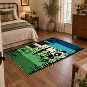 green and black retro athlete graphic area rug, soft surface detail