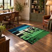 green and black retro athlete graphic area rug, wood floor styling