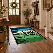 green and black retro athlete graphic area rug, close decorative detail