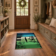 green and black retro athlete graphic area rug, front room mockup