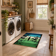 green and black retro athlete graphic area rug, wide interior view