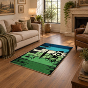 green and black retro athlete graphic area rug, ornamental detail view