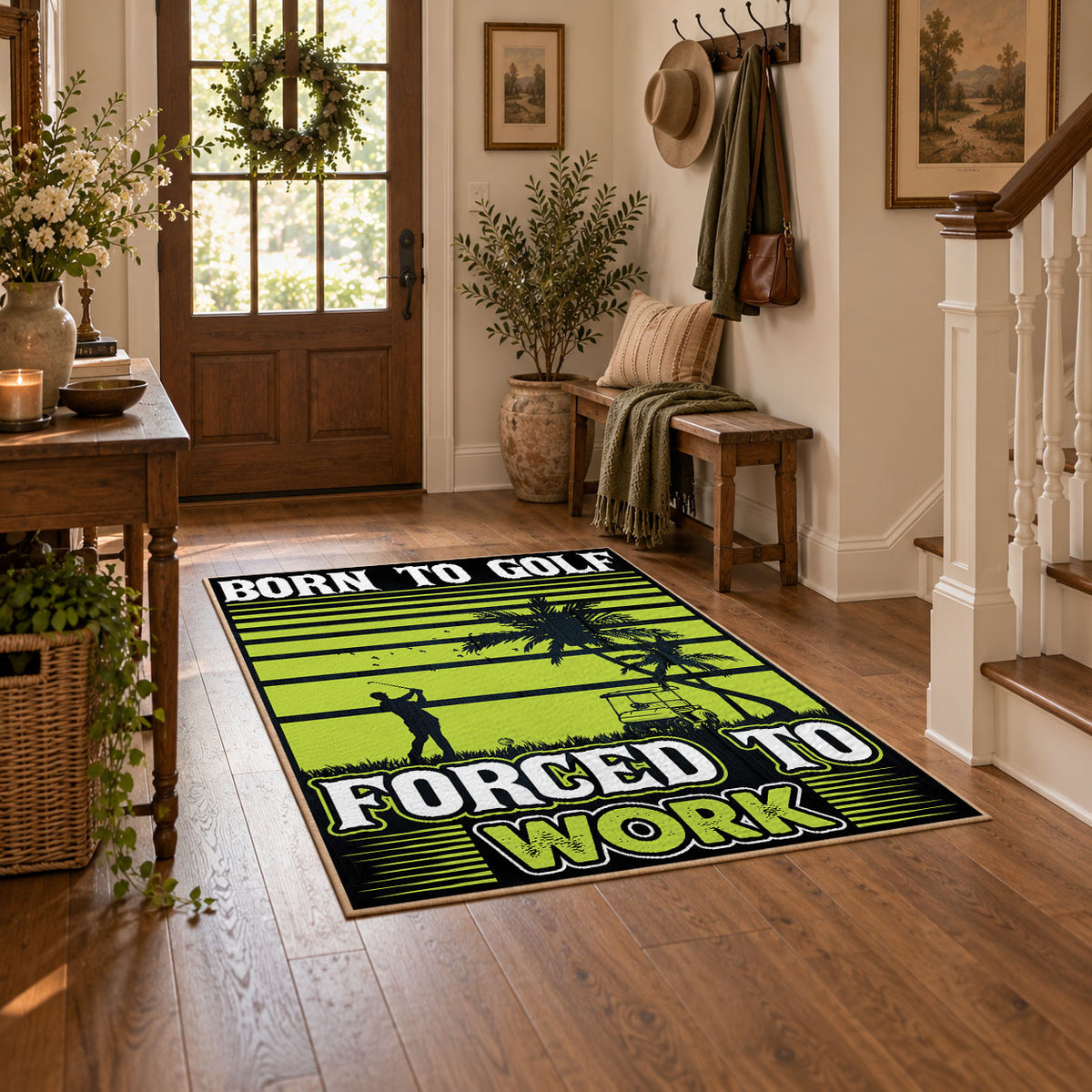 lime green and black baseball typography graphic area rug, warm living room view
