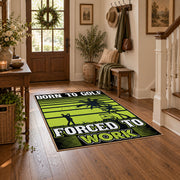 lime green and black baseball typography graphic area rug, warm living room view