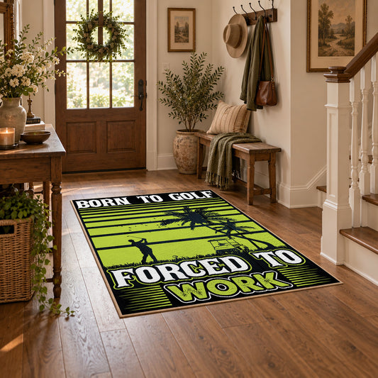 lime green and black baseball typography graphic area rug, warm living room view