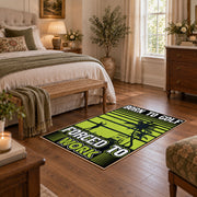 lime green and black baseball typography graphic area rug, cozy home setting