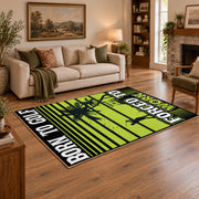 lime green and black baseball typography graphic area rug, angled room view