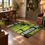 lime green and black baseball typography graphic area rug, wood floor styling