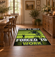 lime green and black baseball typography graphic area rug, close decorative detail