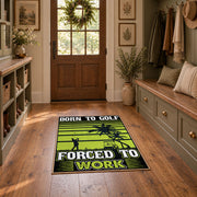 lime green and black baseball typography graphic area rug, front room mockup