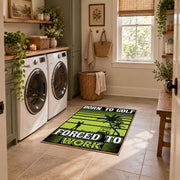 lime green and black baseball typography graphic area rug, wide interior view