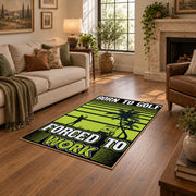 lime green and black baseball typography graphic area rug, ornamental detail view