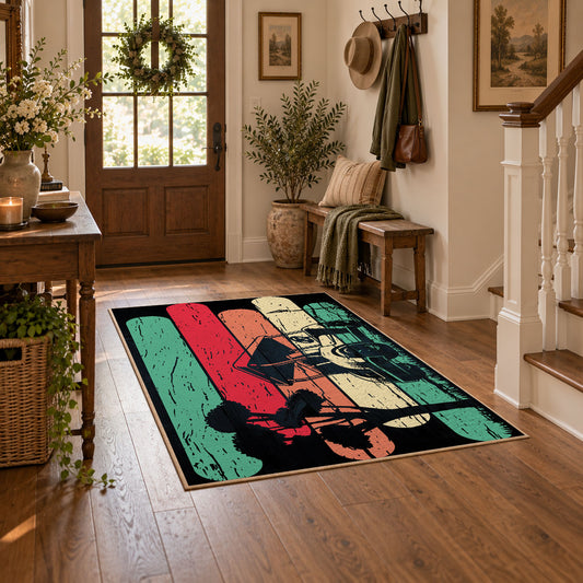 red teal and cream retro baseball graphic area rug, warm living room view