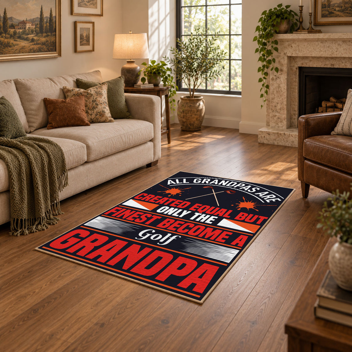 black and red athletic typography graphic area rug, warm living room view