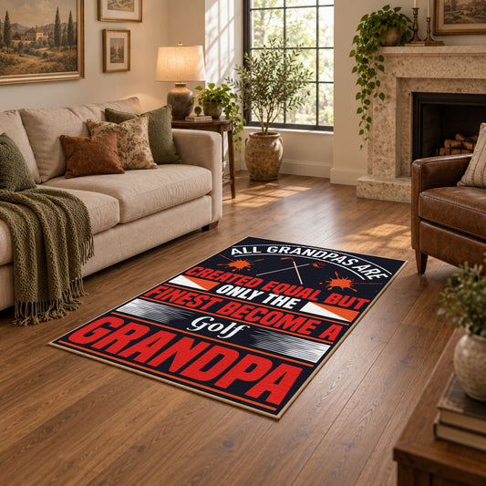 black and red athletic typography graphic area rug, warm living room view
