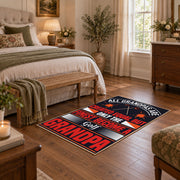 black and red athletic typography graphic area rug, cozy home setting
