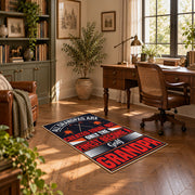 black and red athletic typography graphic area rug, complete product view