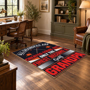 black and red athletic typography graphic area rug, wood floor styling