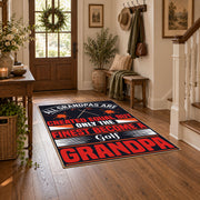 black and red athletic typography graphic area rug, close decorative detail