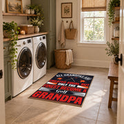 black and red athletic typography graphic area rug, ornamental detail view