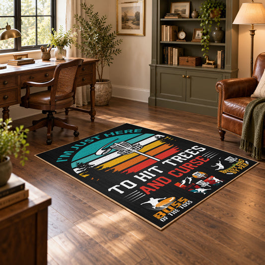 black and teal vintage sports badge design area rug, warm living room view