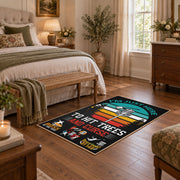 black and teal vintage sports badge design area rug, cozy home setting