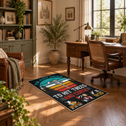 black and teal vintage sports badge design area rug, complete product view