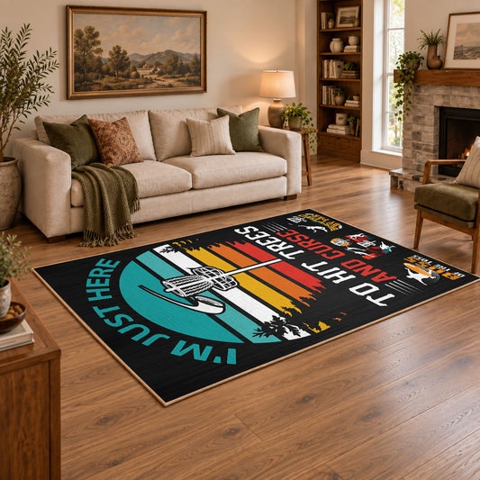 black and teal vintage sports badge design area rug, angled room view