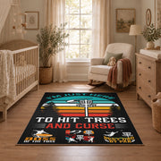 black and teal vintage sports badge design area rug, full pattern view