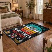 black and teal vintage sports badge design area rug, soft surface detail