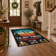 black and teal vintage sports badge design area rug, wood floor styling
