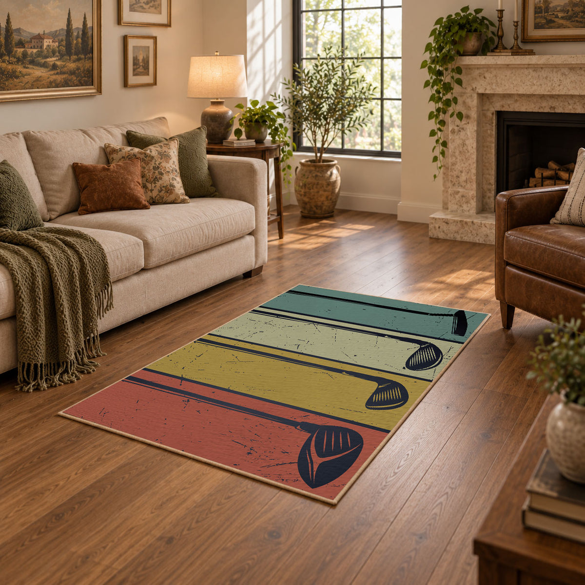 muted teal and tan retro bowling lane design area rug, warm living room view