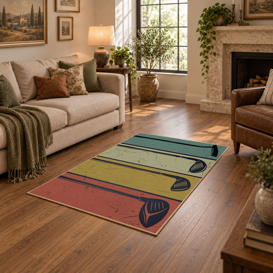 muted teal and tan retro bowling lane design area rug, warm living room view