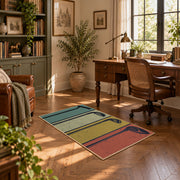muted teal and tan retro bowling lane design area rug, complete product view