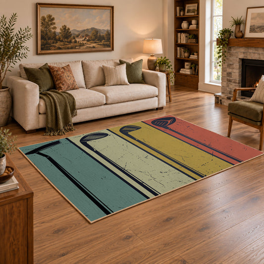 muted teal and tan retro bowling lane design area rug, angled room view