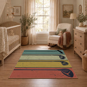 muted teal and tan retro bowling lane design area rug, full pattern view