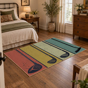 muted teal and tan retro bowling lane design area rug, soft surface detail