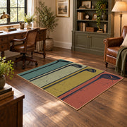 muted teal and tan retro bowling lane design area rug, wood floor styling