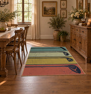 muted teal and tan retro bowling lane design area rug, front room mockup