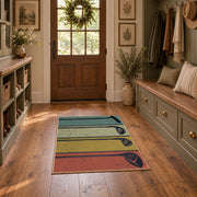 muted teal and tan retro bowling lane design area rug, wide interior view
