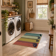 muted teal and tan retro bowling lane design area rug, ornamental detail view