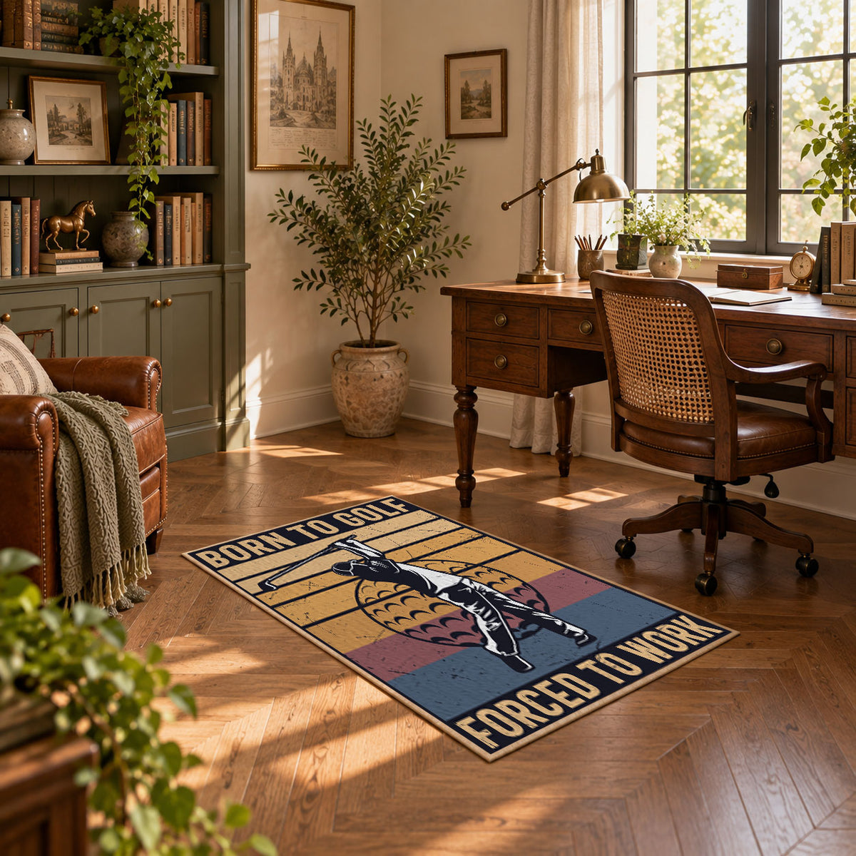 tan and black vintage basketball graphic area rug, warm living room view