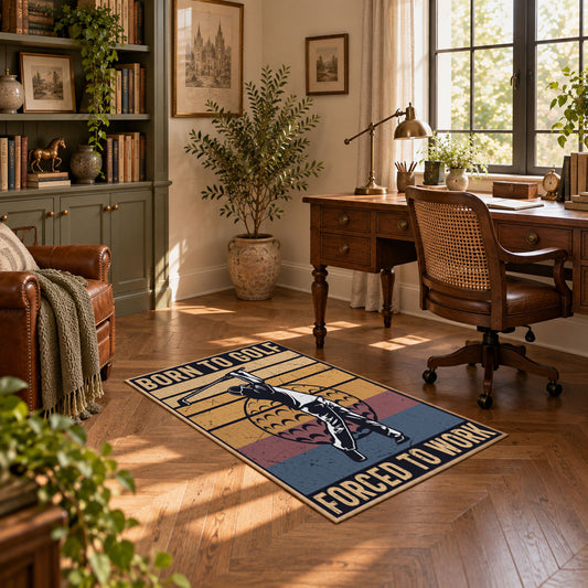 tan and black vintage basketball graphic area rug, warm living room view
