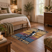 tan and black vintage basketball graphic area rug, complete product view