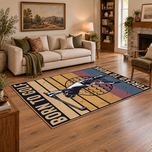 tan and black vintage basketball graphic area rug, angled room view
