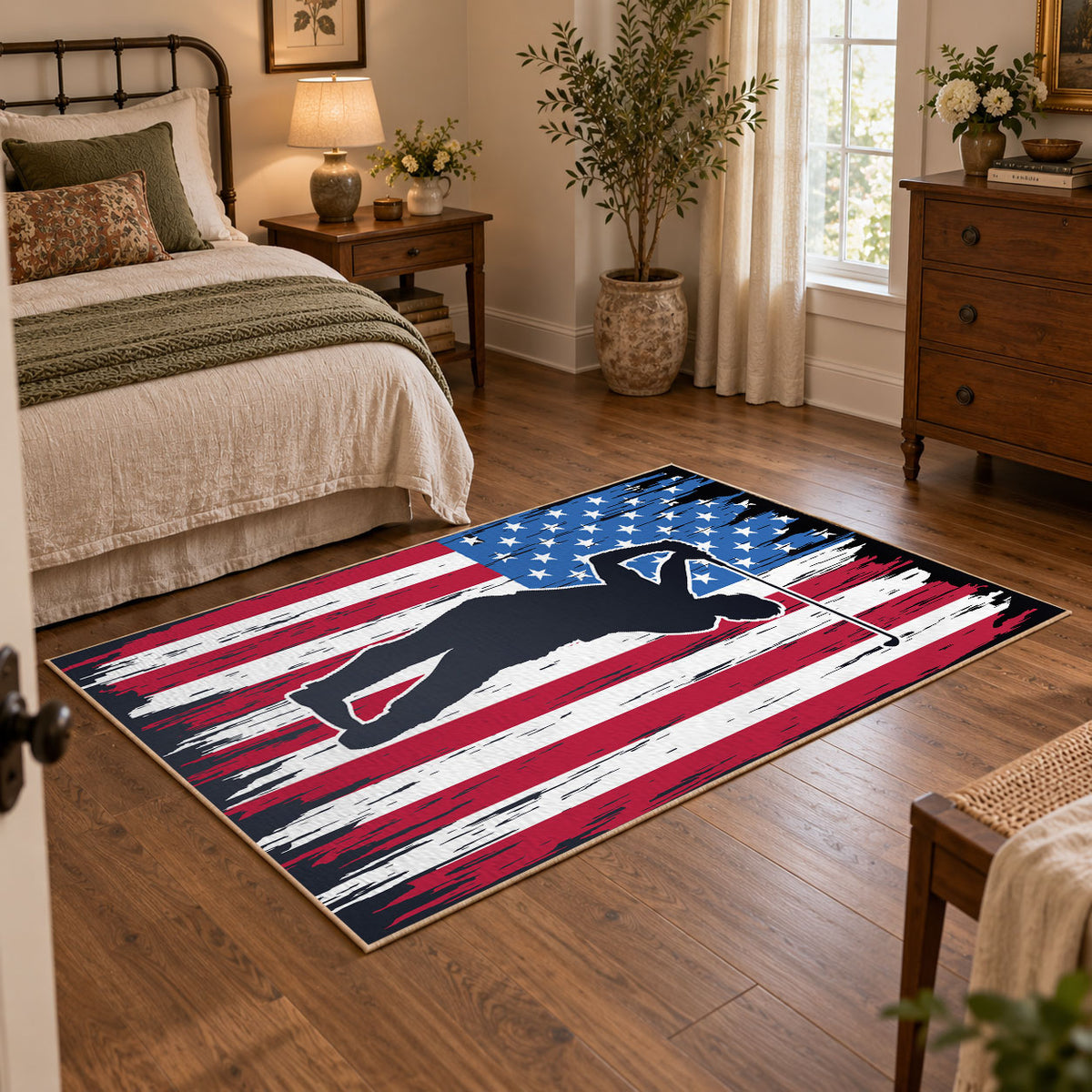 red white and blue patriotic football and flag design area rug, warm living room view