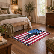 red white and blue patriotic football and flag design area rug, cozy home setting
